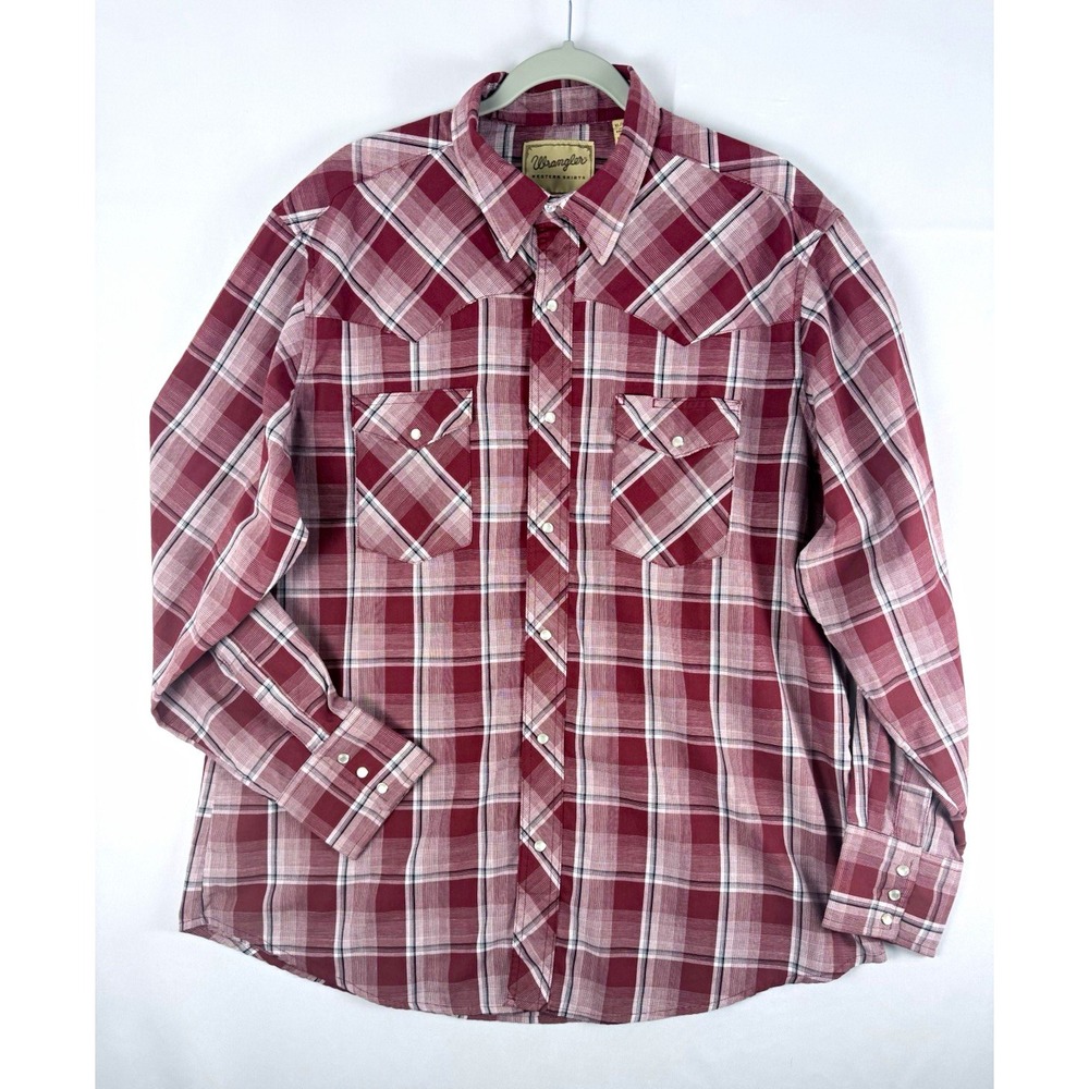 Wrangler Western Shirt Mens XL Burgundy Plaid Pearl Snap Long Sleeve Cowboy